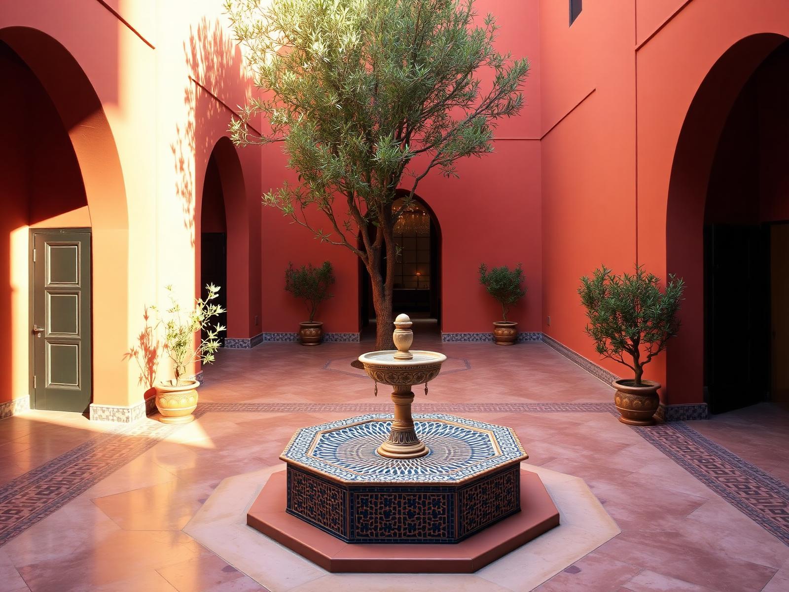 Sunlit Marrakesh riad courtyard with a zellige-tile fountain and olive tree